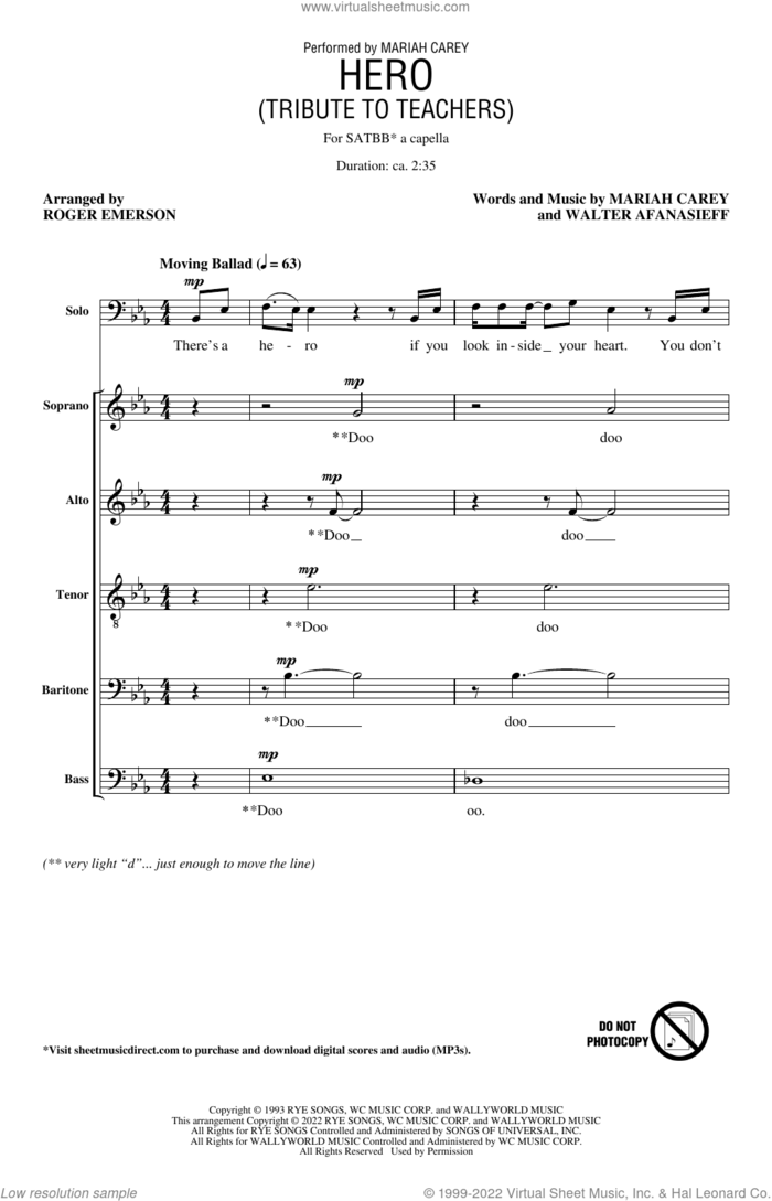 Hero (Tribute To Teachers) (arr. Roger Emerson) sheet music for choir (SATB: soprano, alto, tenor, bass) by Mariah Carey, Roger Emerson and Walter Afanasieff, intermediate skill level