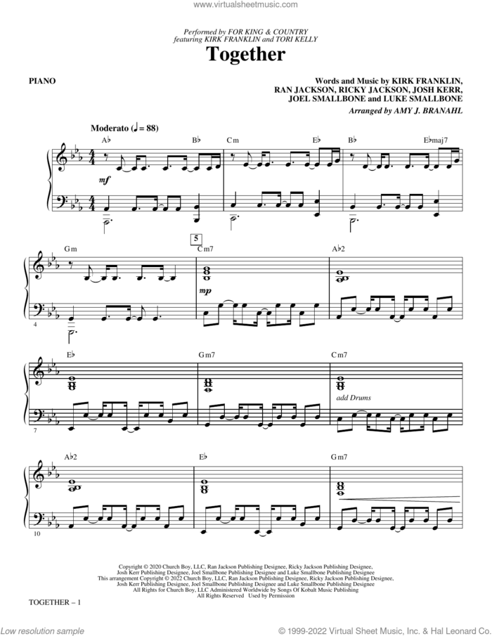 Together (feat. Kirk Franklin and Tori Kelly) (arr. Amy Branahl) (complete set of parts) sheet music for orchestra/band by for KING & COUNTRY, Amy Branahl, Joel Smallbone, Josh Kerr, Kirk Franklin, Luke Smallbone, Ran Jackson and Ricky Jackson, intermediate skill level