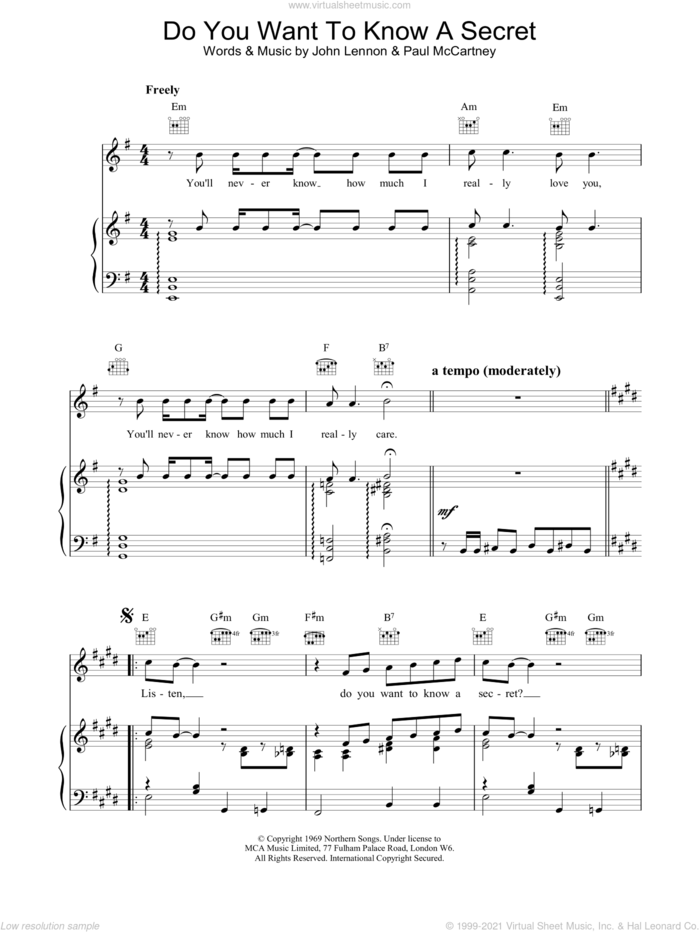Do You Want To Know A Secret sheet music for voice, piano or guitar by The Beatles, John Lennon and Paul McCartney, intermediate skill level