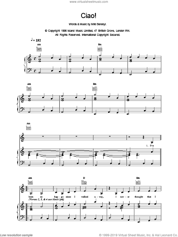 Ciao! sheet music for voice, piano or guitar by Emma Anderson, intermediate skill level