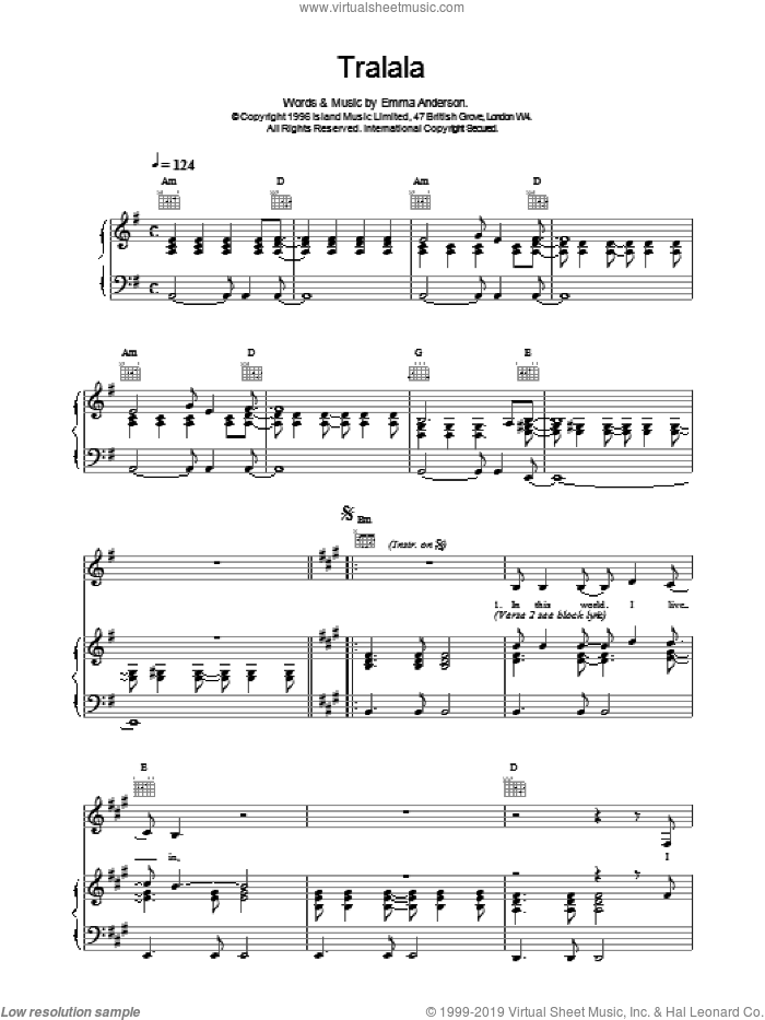 Tralala sheet music for voice, piano or guitar by Emma Anderson, intermediate skill level