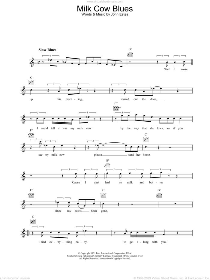 Milk Cow Blues sheet music for voice and other instruments (fake book) by Eddie Cochran, intermediate skill level
