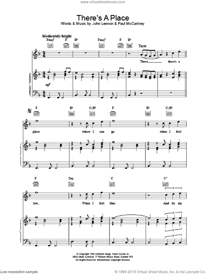 There's A Place sheet music for voice, piano or guitar by The Beatles, intermediate skill level
