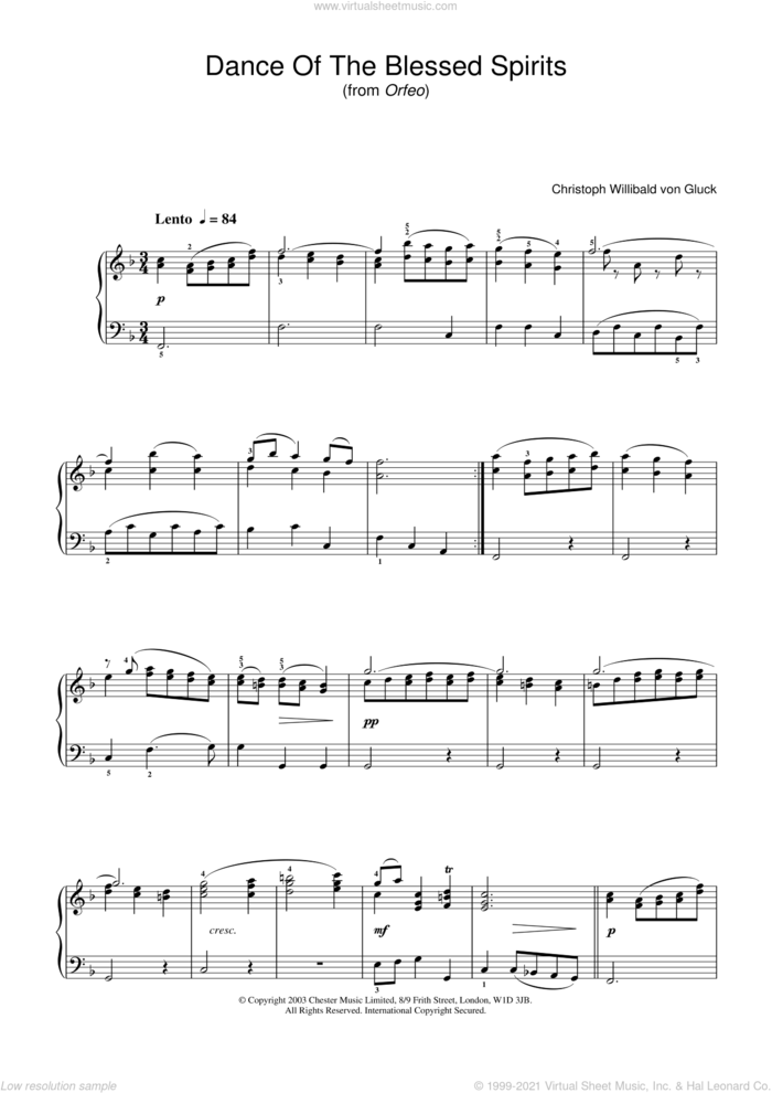Dance Of The Blessed Spirits (from Orfeo ed Euridice), (intermediate) sheet music for piano solo by Christoph Willibald Gluck, classical score, intermediate skill level