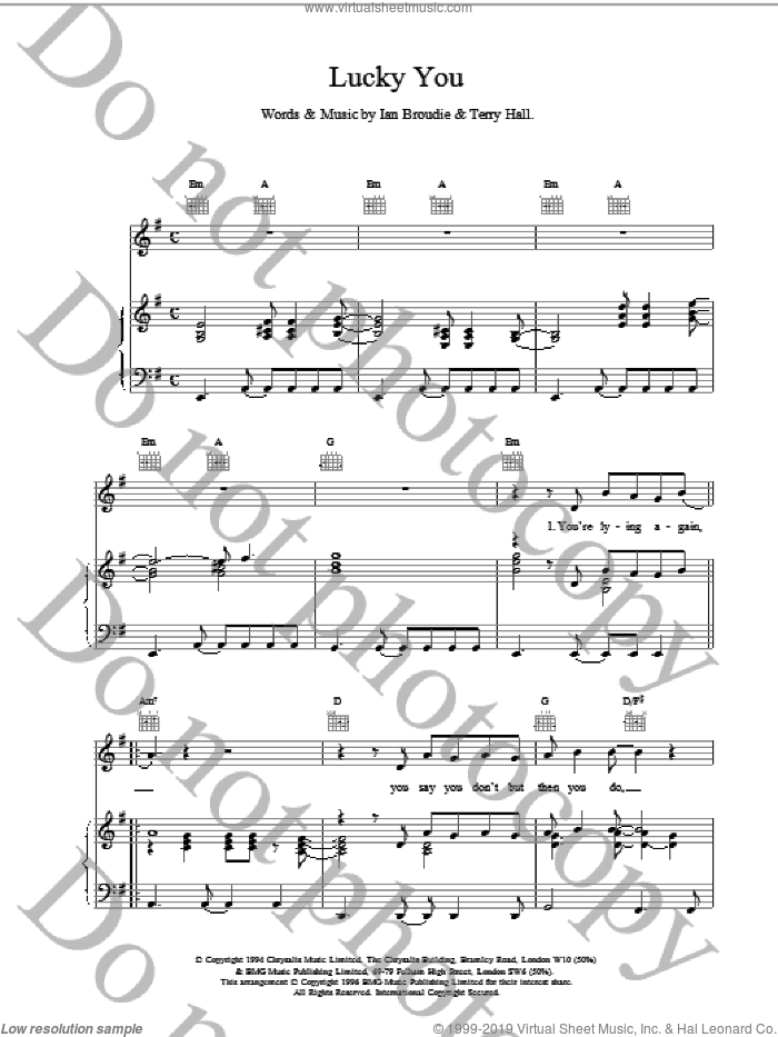 Lucky You sheet music for voice, piano or guitar by The Lightning Seeds, intermediate skill level