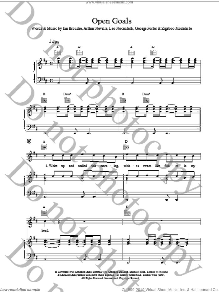 Open Goals sheet music for voice, piano or guitar by The Lightning Seeds, intermediate skill level