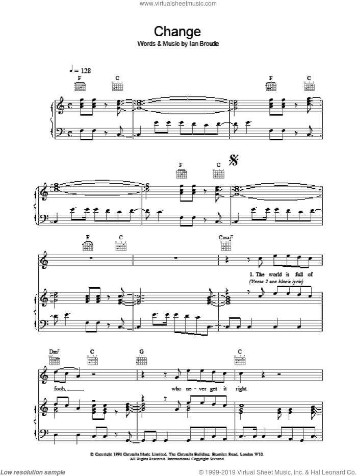 Change sheet music for voice, piano or guitar by The Lightning Seeds, intermediate skill level