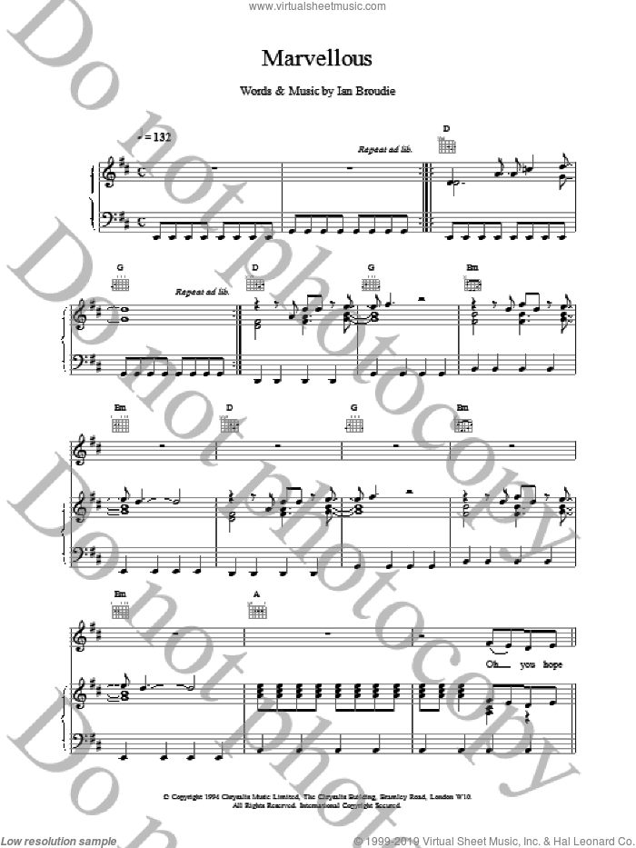 Marvellous sheet music for voice, piano or guitar by The Lightning Seeds, intermediate skill level