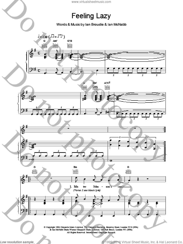 Feeling Lazy sheet music for voice, piano or guitar by The Lightning Seeds, intermediate skill level