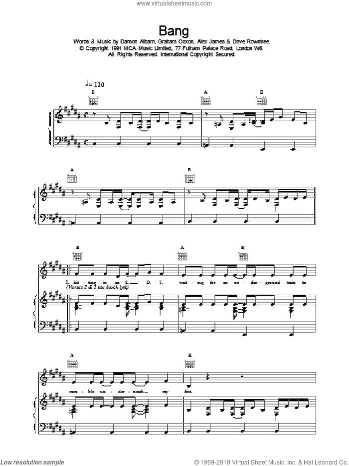 Bang sheet music for voice, piano or guitar by Blur, intermediate skill level
