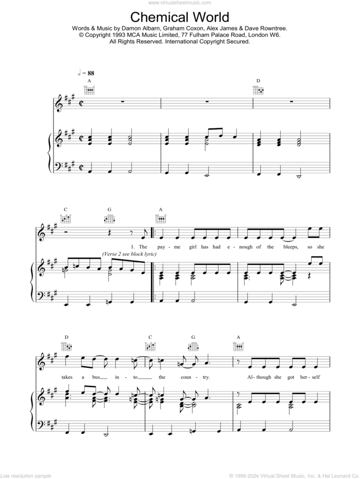 Chemical World sheet music for voice, piano or guitar by Blur, intermediate skill level