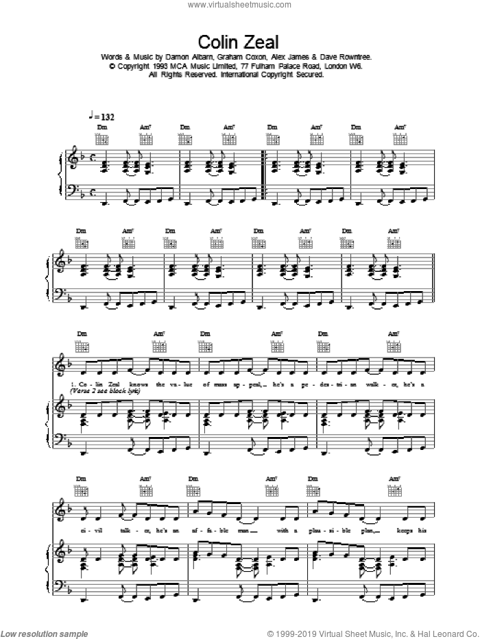 Colin Zeal sheet music for voice, piano or guitar by Blur, intermediate skill level