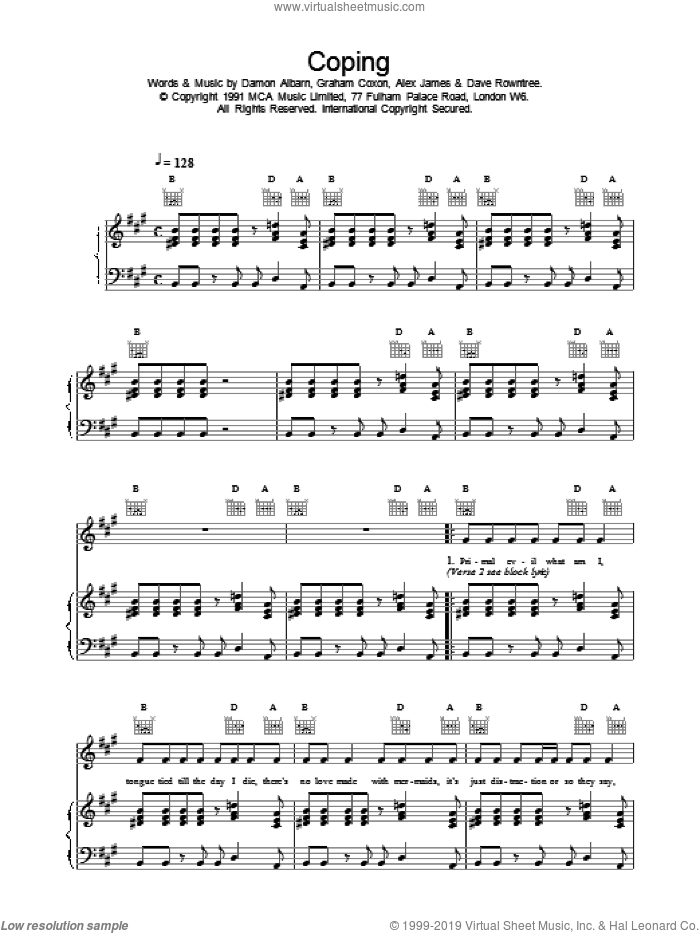 Coping sheet music for voice, piano or guitar by Blur, intermediate skill level
