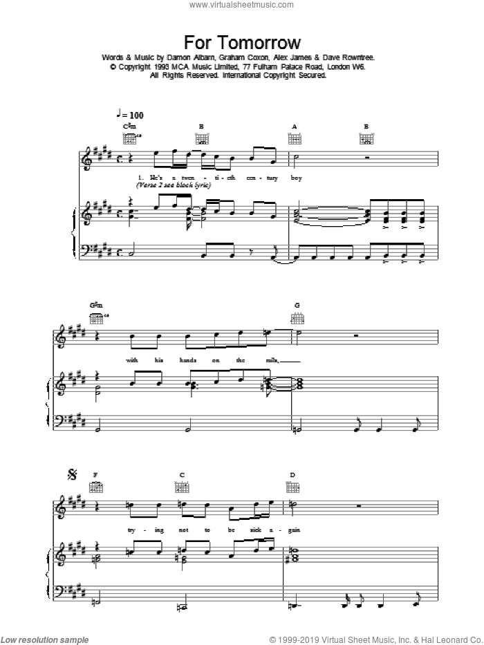 For Tomorrow sheet music for voice, piano or guitar by Blur, intermediate skill level