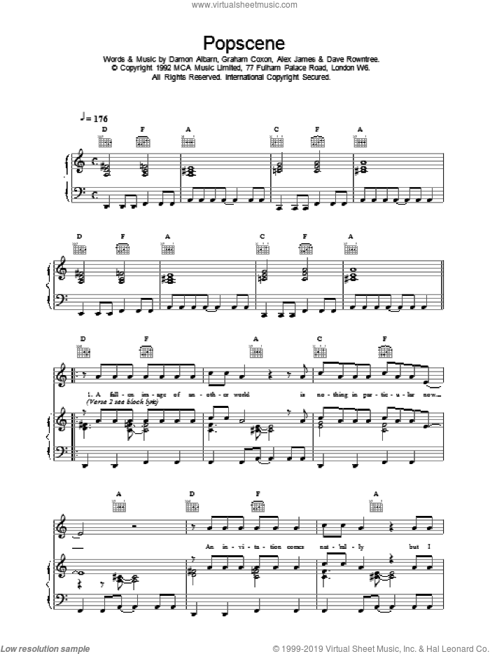 Popscene sheet music for voice, piano or guitar by Blur, intermediate skill level