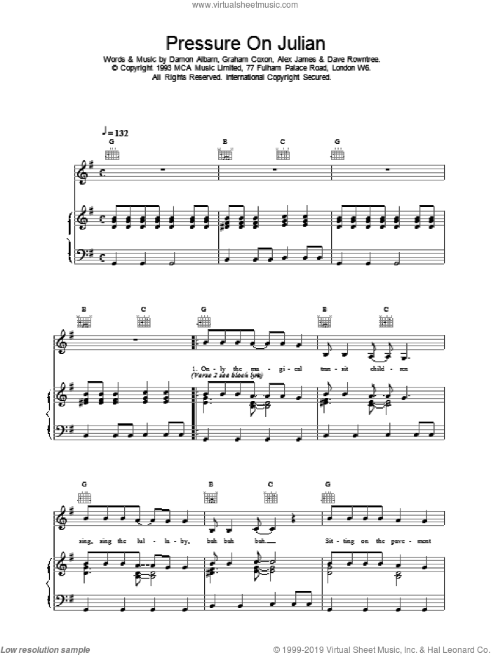Pressure On Julian sheet music for voice, piano or guitar by Blur, intermediate skill level