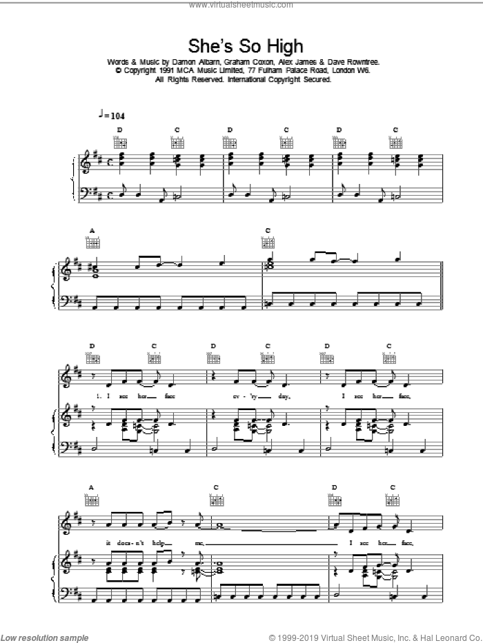 She's So High sheet music for voice, piano or guitar by Blur, intermediate skill level