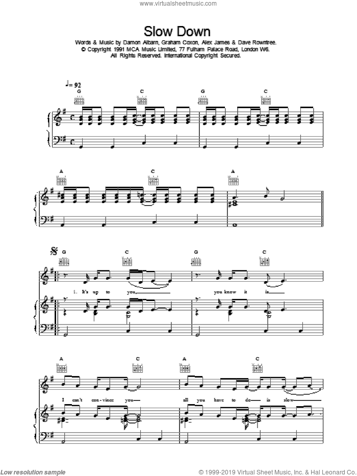 Slow Down sheet music for voice, piano or guitar by Blur, intermediate skill level