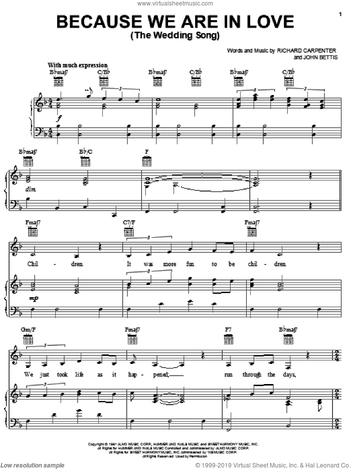 Because We Are In Love (The Wedding Song) sheet music for voice, piano or guitar by Carpenters, John Bettis and Richard Carpenter, wedding score, intermediate skill level