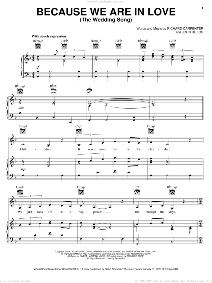 Because We Are In Love (The Wedding Song) sheet music for voice, piano or guitar by Carpenters, John Bettis and Richard Carpenter, wedding score, intermediate skill level