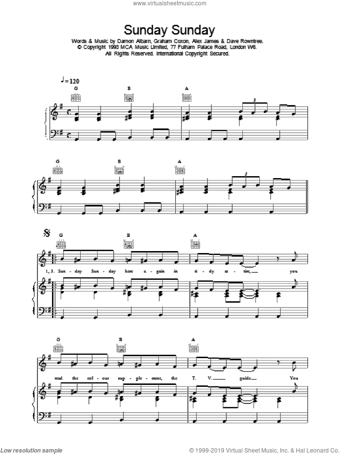 Sunday Sunday sheet music for voice, piano or guitar by Blur, intermediate skill level