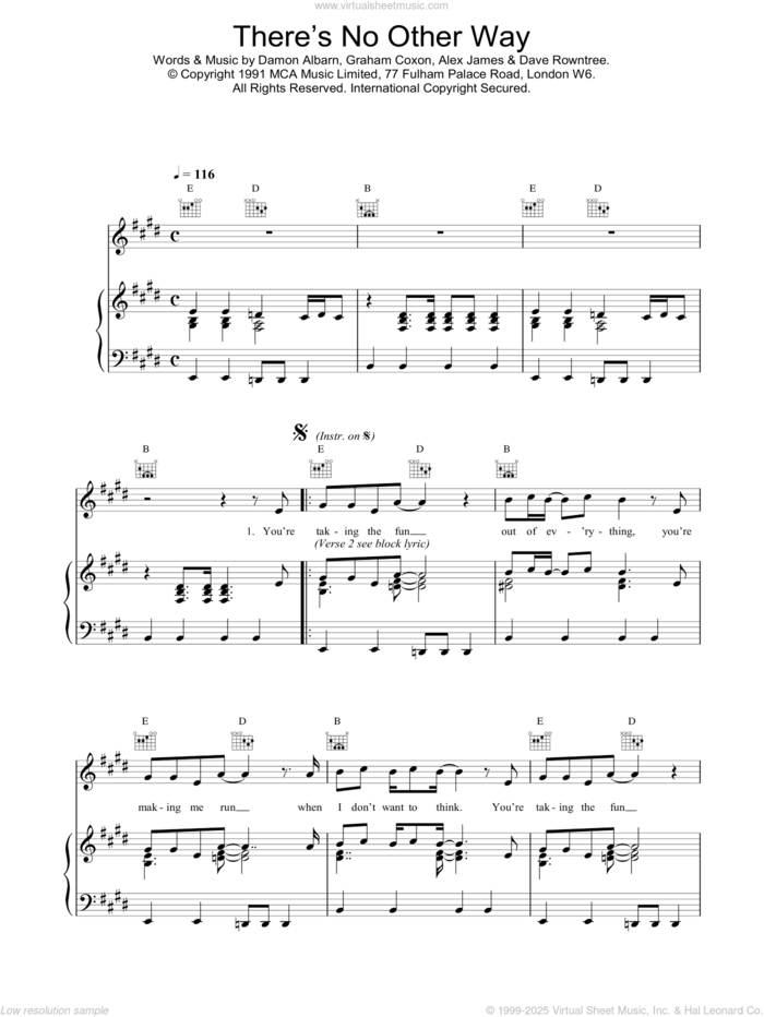 There's No Other Way sheet music for voice, piano or guitar by Blur, intermediate skill level