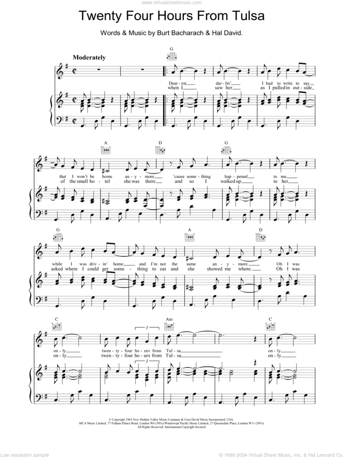 Twenty Four Hours From Tulsa sheet music for voice, piano or guitar by Burt Bacharach, intermediate skill level