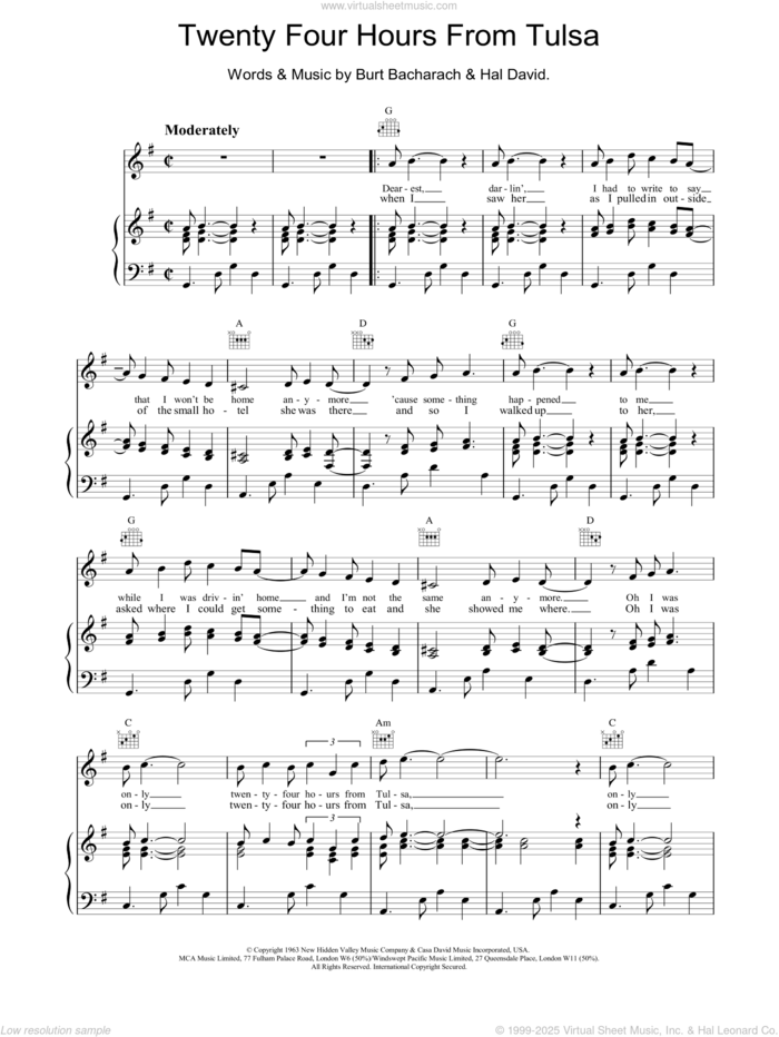 Twenty Four Hours From Tulsa sheet music for voice, piano or guitar by Burt Bacharach, intermediate skill level