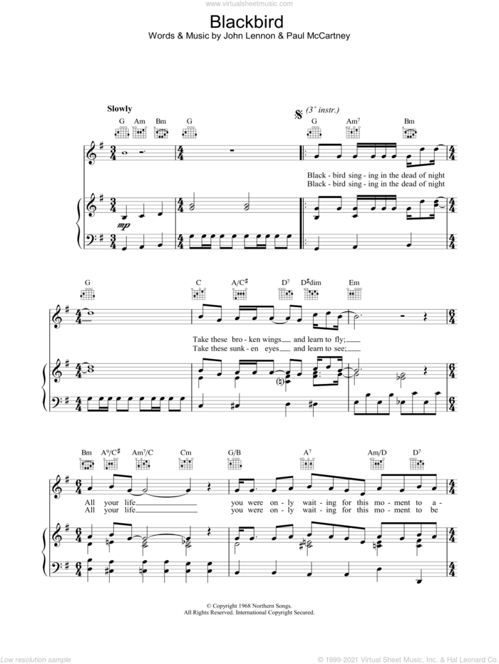Blackbird sheet music for voice, piano or guitar by The Beatles, John Lennon and Paul McCartney, intermediate skill level