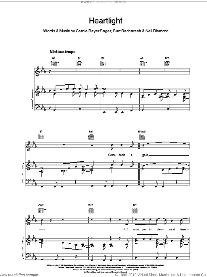 Heartlight sheet music for voice, piano or guitar by Burt Bacharach, intermediate skill level