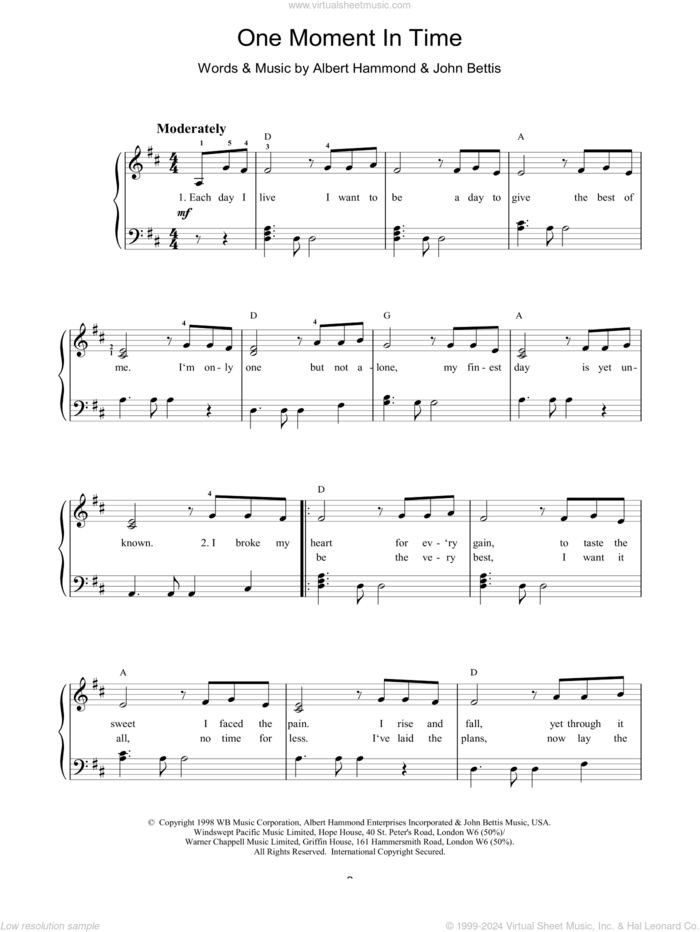 One Moment In Time sheet music for piano solo by Whitney Houston, Albert Hammond and John Bettis, easy skill level