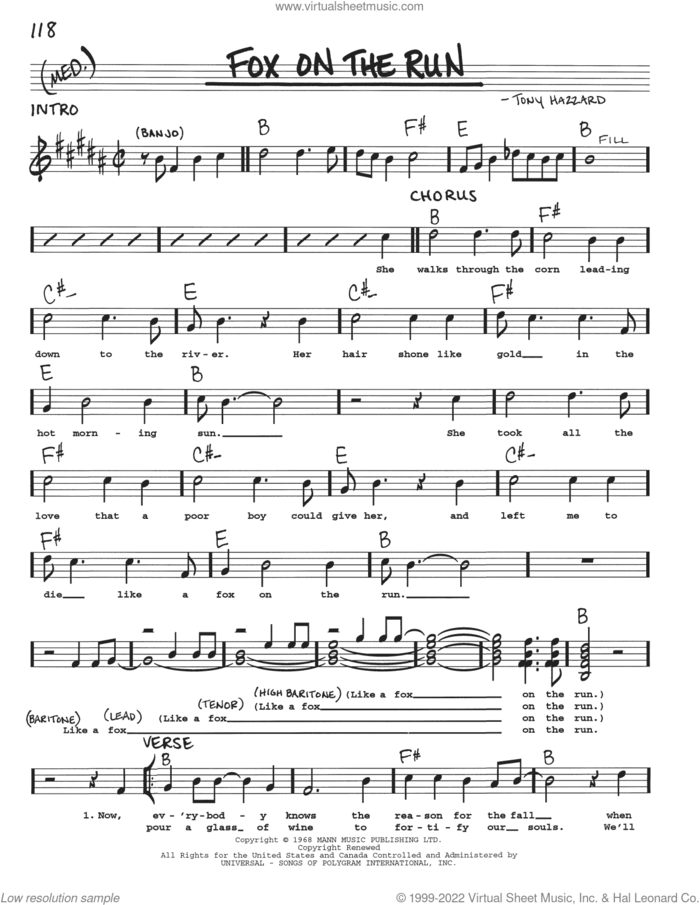 Fox On The Run sheet music for voice and other instruments (real book with lyrics) by Tony Hazzard, intermediate skill level