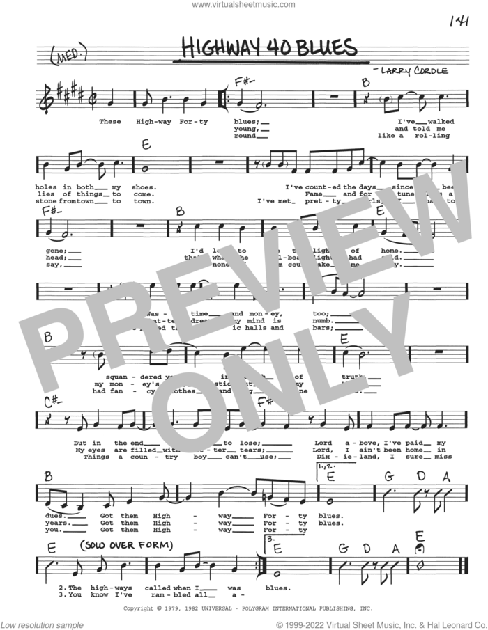 Highway 40 Blues sheet music for voice and other instruments (real book with lyrics) by Ricky Skaggs and Larry Cordle, intermediate skill level