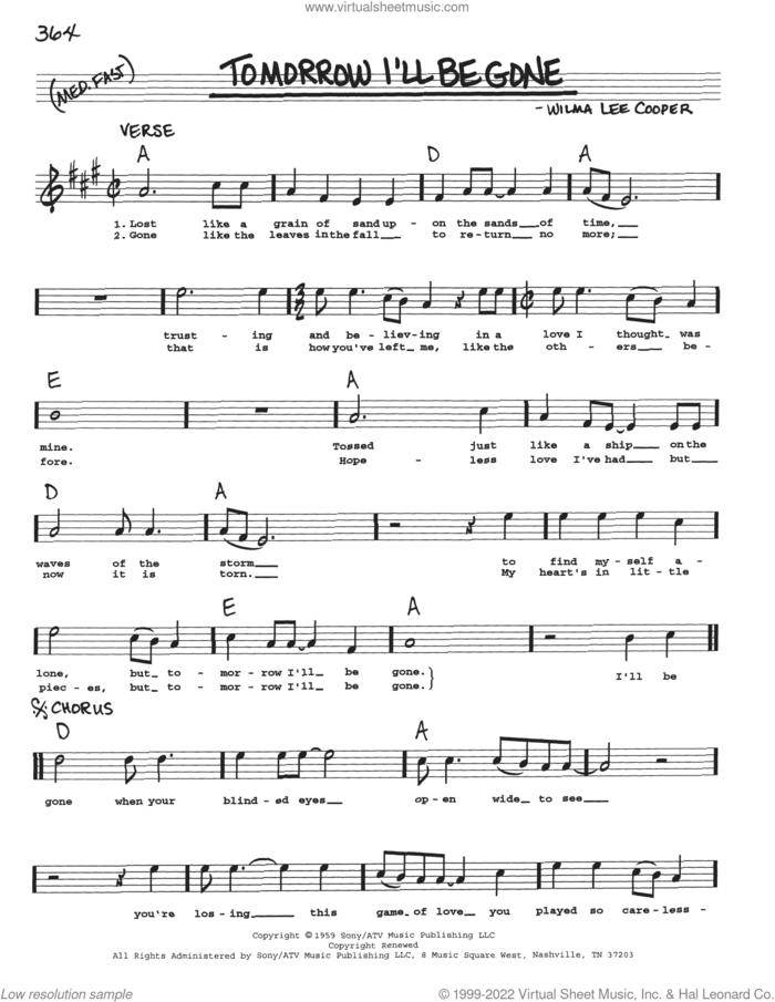 Tomorrow I'll Be Gone sheet music for voice and other instruments (real book with lyrics) by Wilma Lee Cooper, intermediate skill level