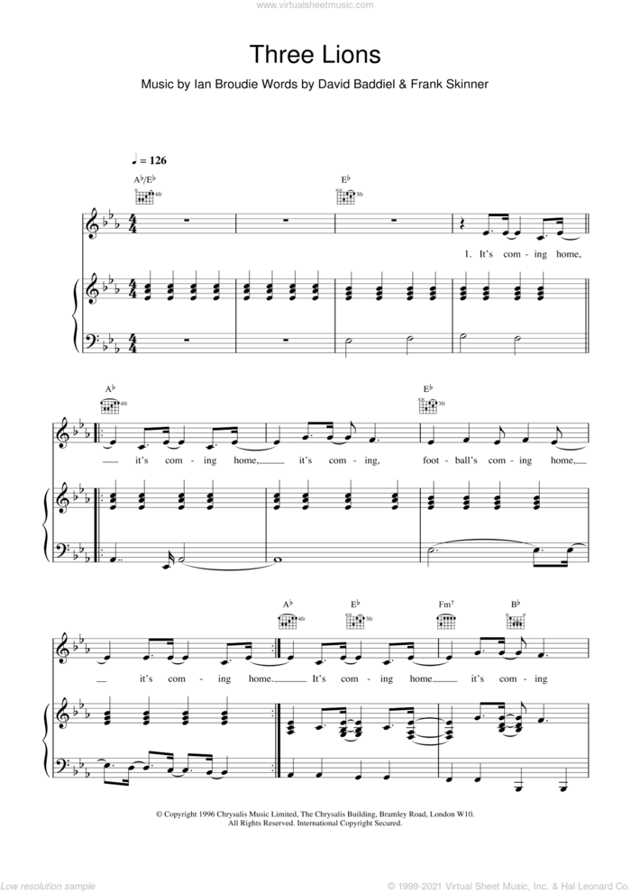Three Lions sheet music for voice, piano or guitar by The Lightning Seeds, David Baddiel, Frank Skinner and Ian Broudie, intermediate skill level