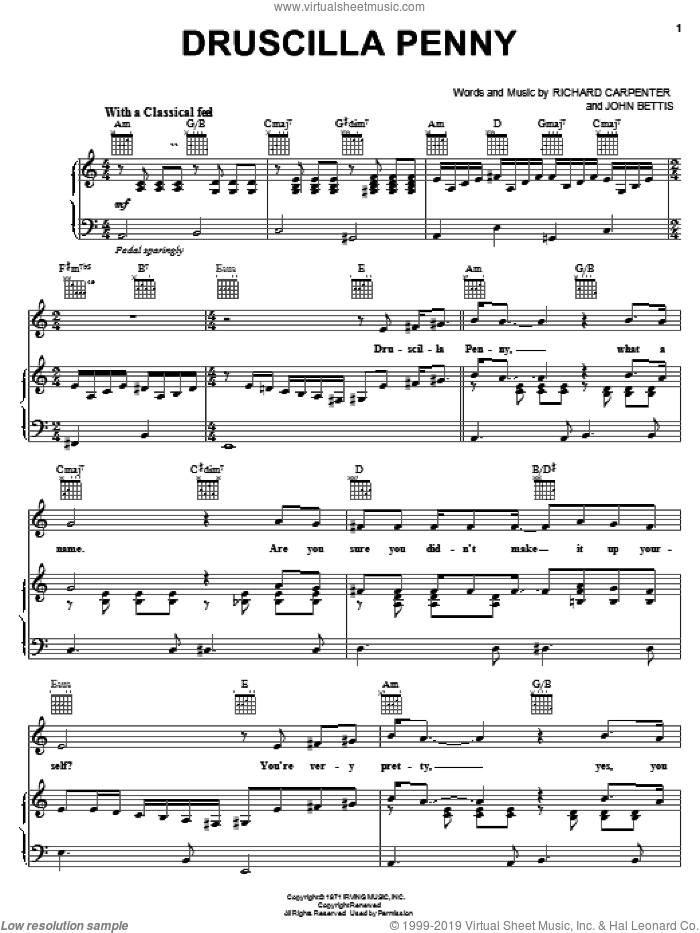 Druscilla Penny sheet music for voice, piano or guitar by Carpenters, John Bettis and Richard Carpenter, intermediate skill level