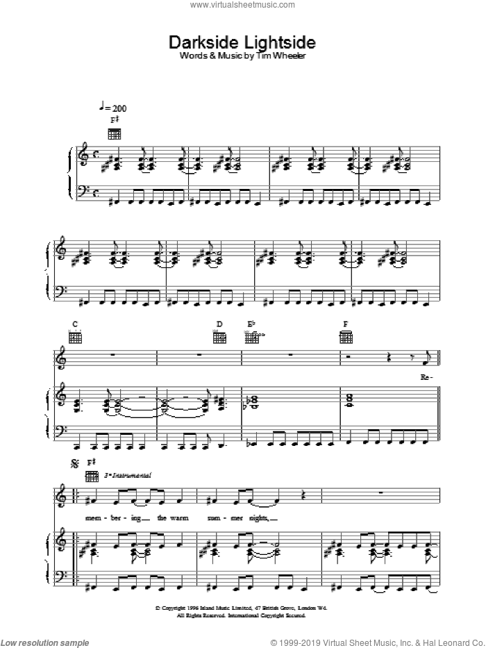 Darkside Lightside sheet music for voice, piano or guitar by Tim Wheeler, intermediate skill level
