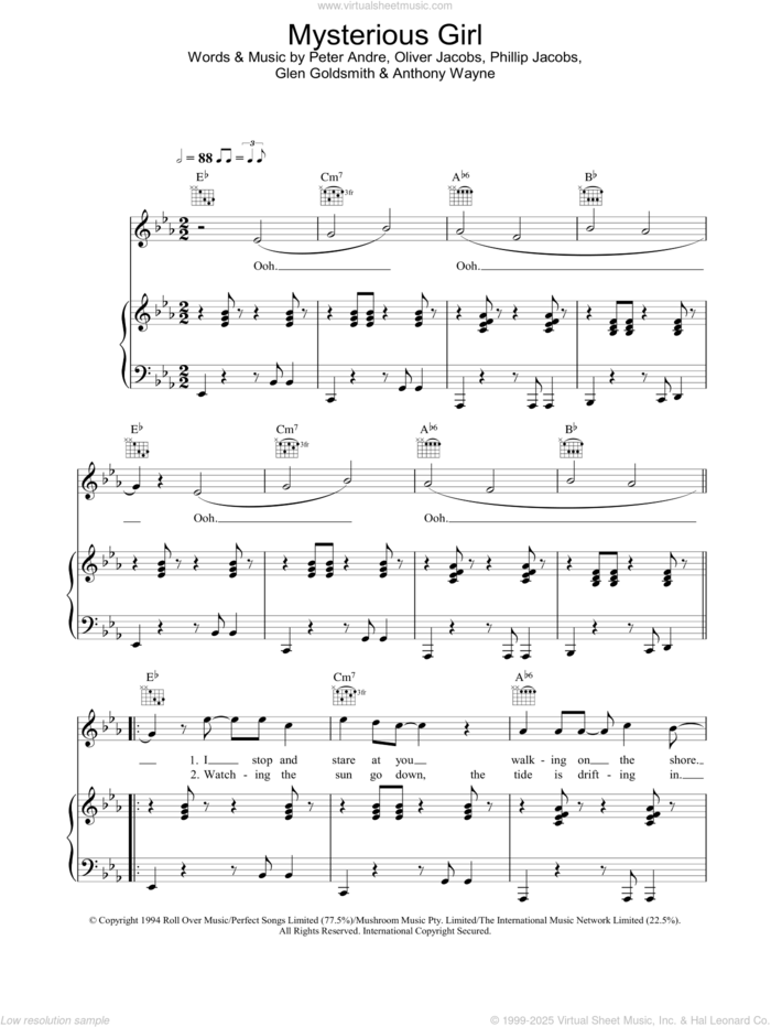 Mysterious Girl sheet music for voice, piano or guitar by Peter Andre, intermediate skill level