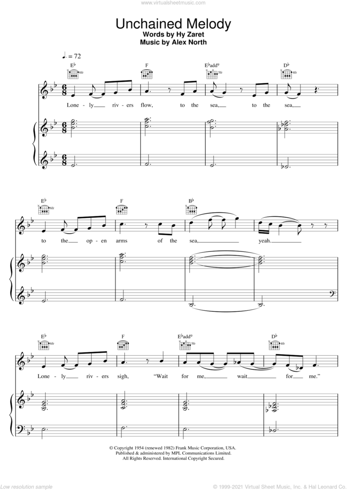 Unchained Melody sheet music for voice, piano or guitar by The Righteous Brothers, Alex North and Hy Zaret, wedding score, intermediate skill level
