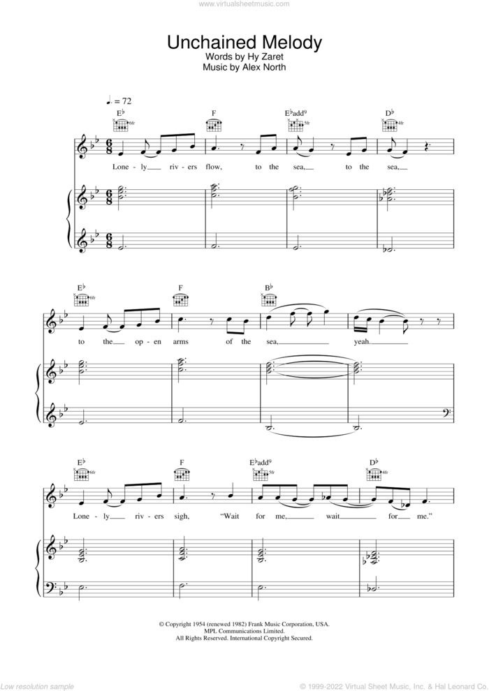 Unchained Melody sheet music for voice, piano or guitar by Gareth Gates, Alex North and Hy Zaret, wedding score, intermediate skill level