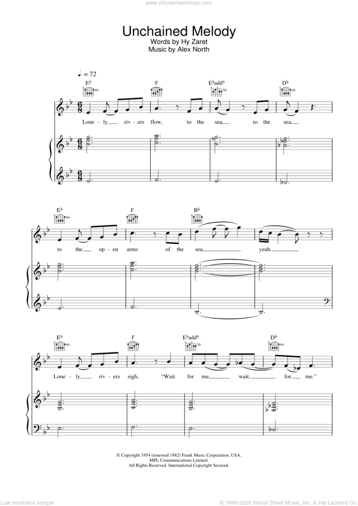 Unchained Melody sheet music for voice, piano or guitar by Gareth Gates, Alex North and Hy Zaret, wedding score, intermediate skill level