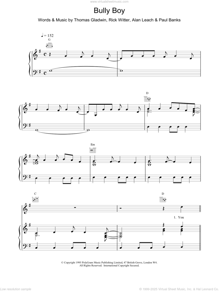 Bully Boy sheet music for voice, piano or guitar by Shed Seven, intermediate skill level