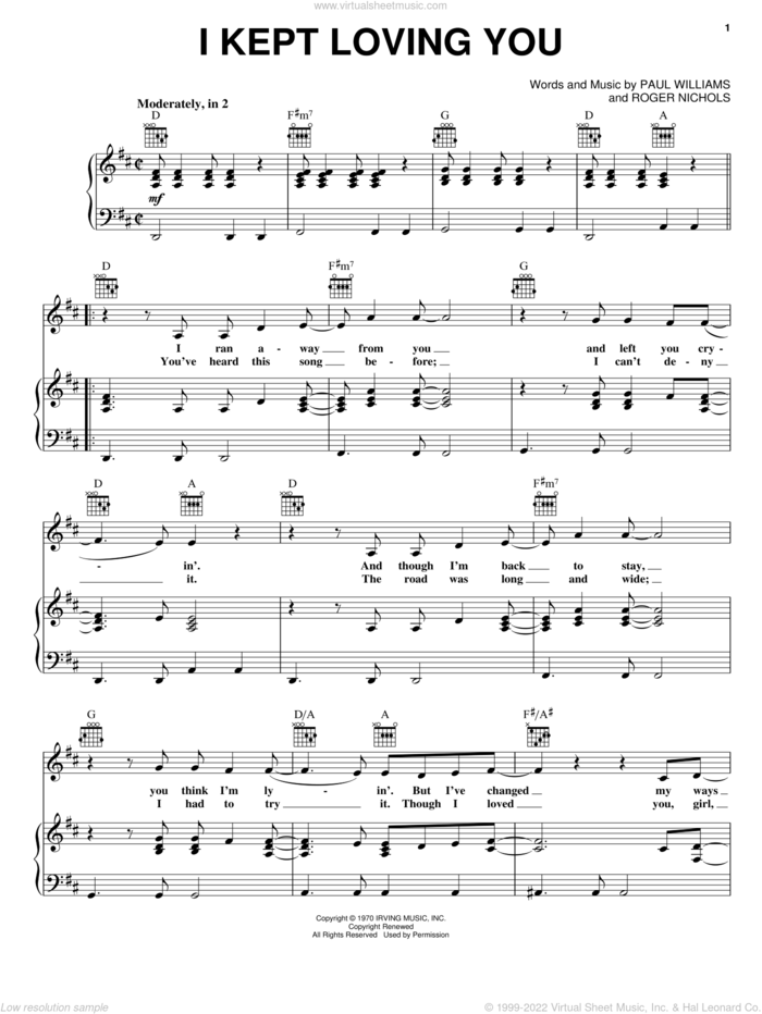 I Kept Loving You sheet music for voice, piano or guitar by Carpenters, Paul Williams and Roger Nichols, intermediate skill level