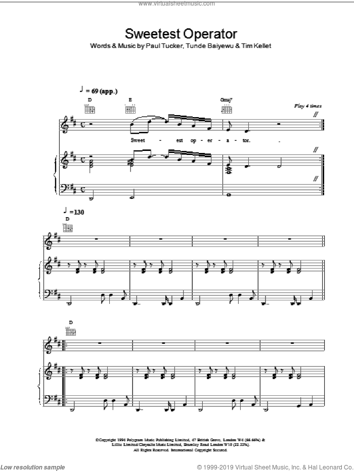 Sweetest Operator sheet music for voice, piano or guitar by Lighthouse Family, intermediate skill level