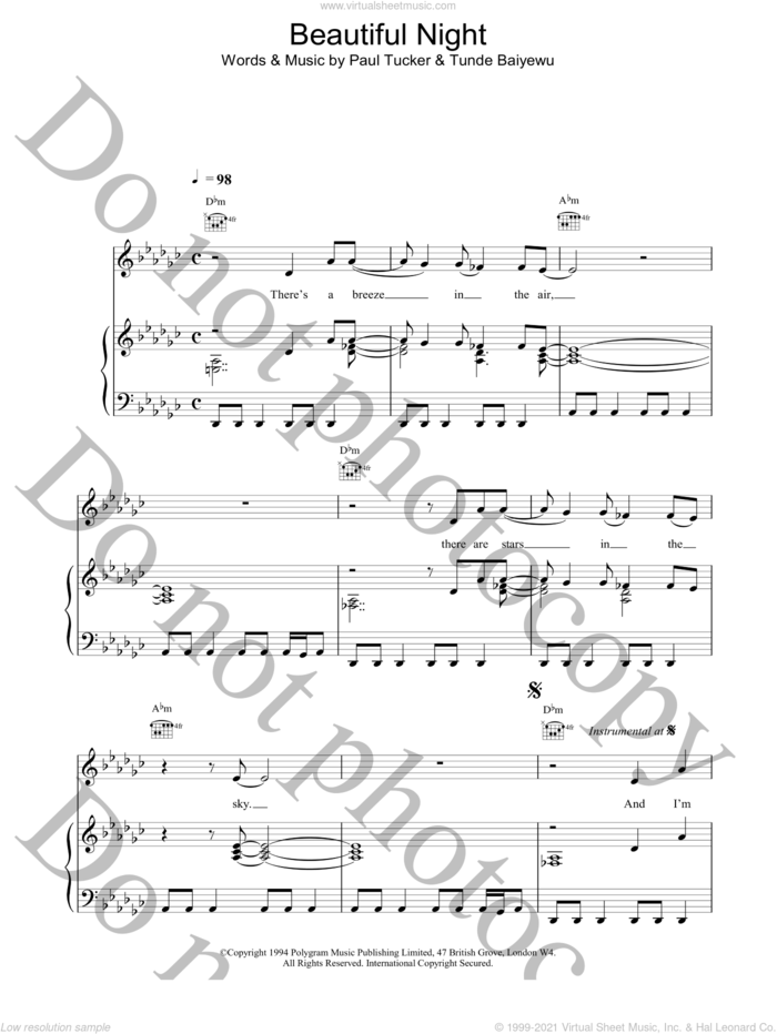 Beautiful Night sheet music for voice, piano or guitar by Lighthouse Family, intermediate skill level