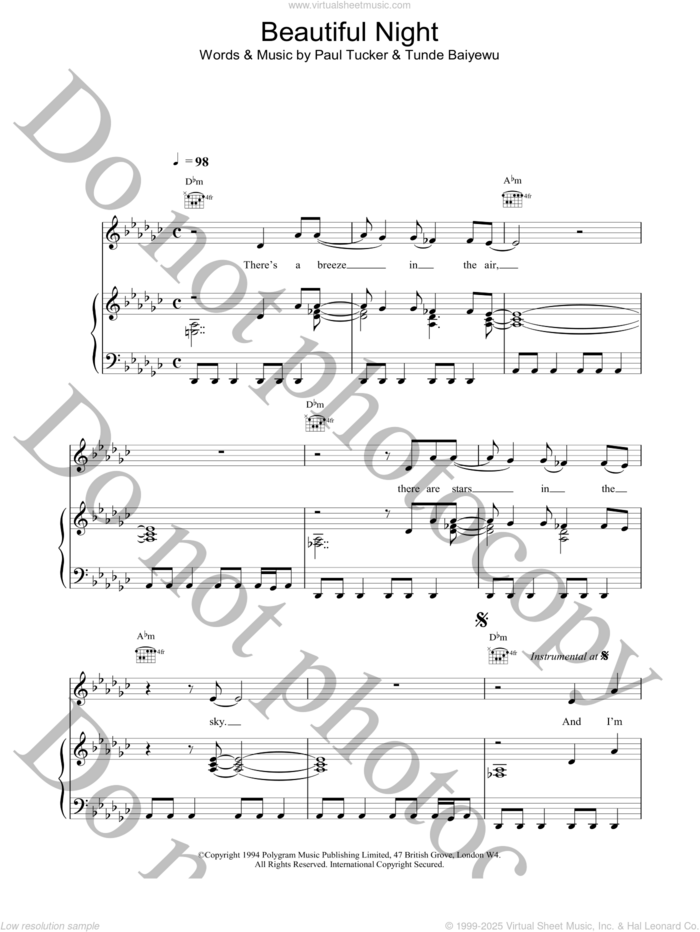 Beautiful Night sheet music for voice, piano or guitar by Lighthouse Family, intermediate skill level