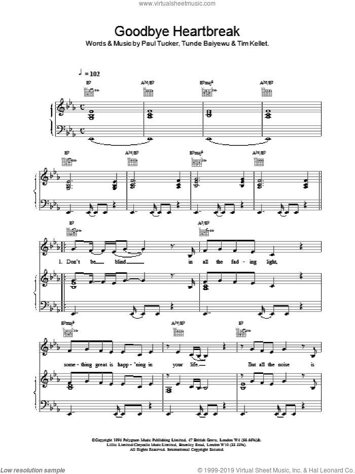 Goodbye Heartbreak sheet music for voice, piano or guitar by Lighthouse Family, intermediate skill level