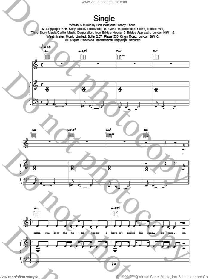 Single sheet music for voice, piano or guitar by Everything But The Girl, intermediate skill level