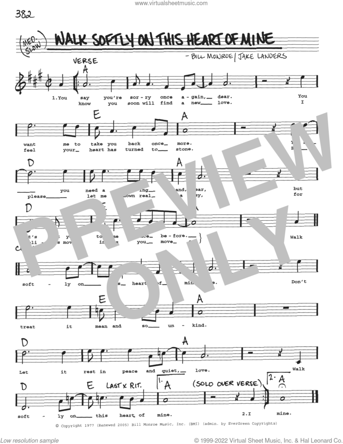 Walk Softly On This Heart Of Mine sheet music for voice and other instruments (real book with lyrics) by Bill Monroe and Jake Landers, intermediate skill level