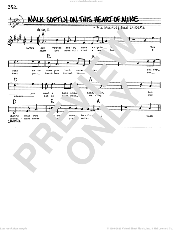 Walk Softly On This Heart Of Mine sheet music for voice and other instruments (real book with lyrics) by Bill Monroe and Jake Landers, intermediate skill level